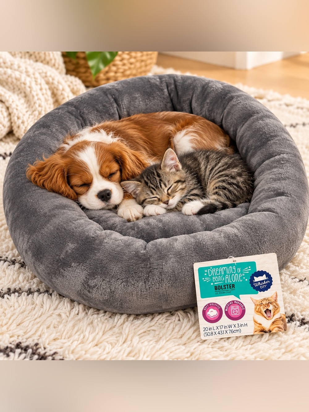 Whisker City Gray Bolster Pet Bed XS Plush Washable Cat Dog Bed 20x17